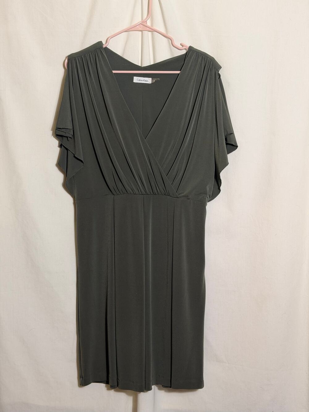Calvin Klein Dress Size 10 Olive Green Flutter Sleeve Faux Wrap Midi Dress